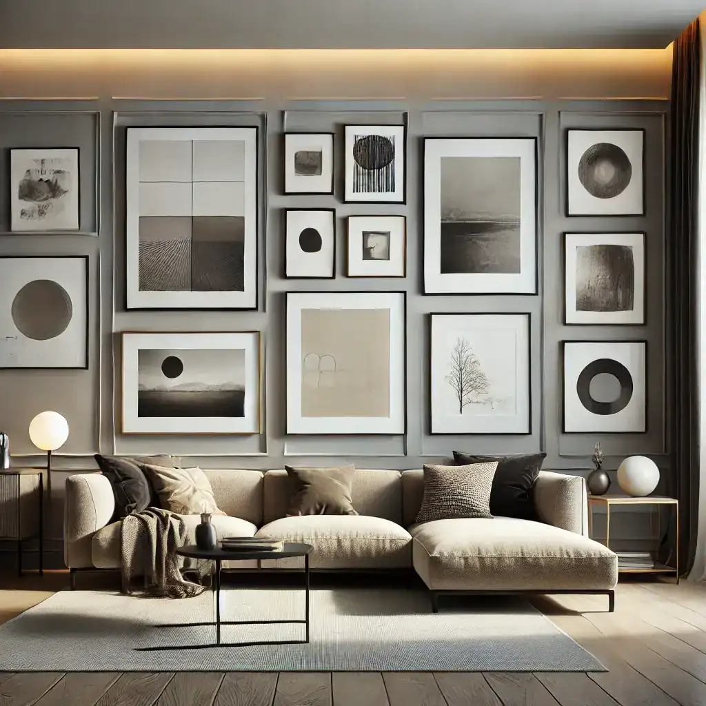 DALL·E 2025 02 20 11.29.47 A modern living room featuring a stylish gallery wall with various framed artworks arranged harmoniously. The room has a neutral color palette with a
